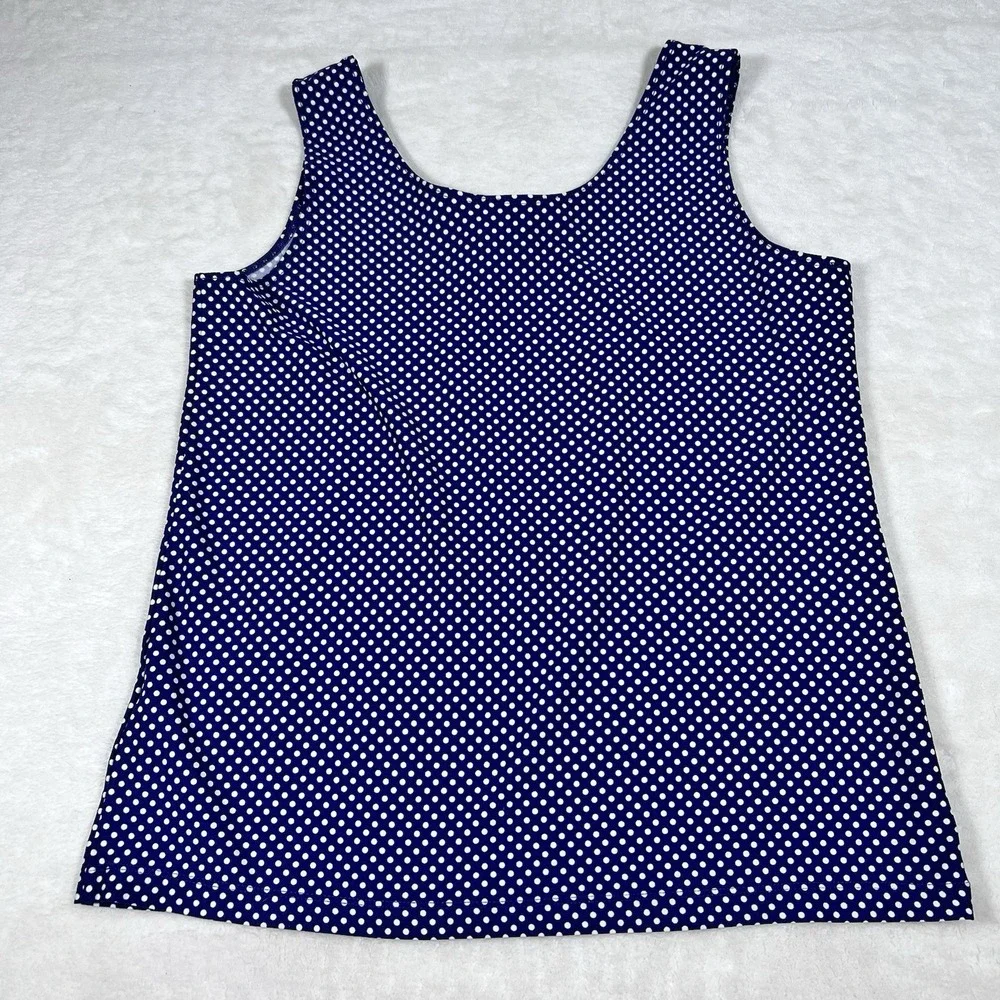 CHICO'S Sz 2=12/14 Large Tank Top Shirt Blouse Blue White Polka Dots Nylon - Picture 5 of 7